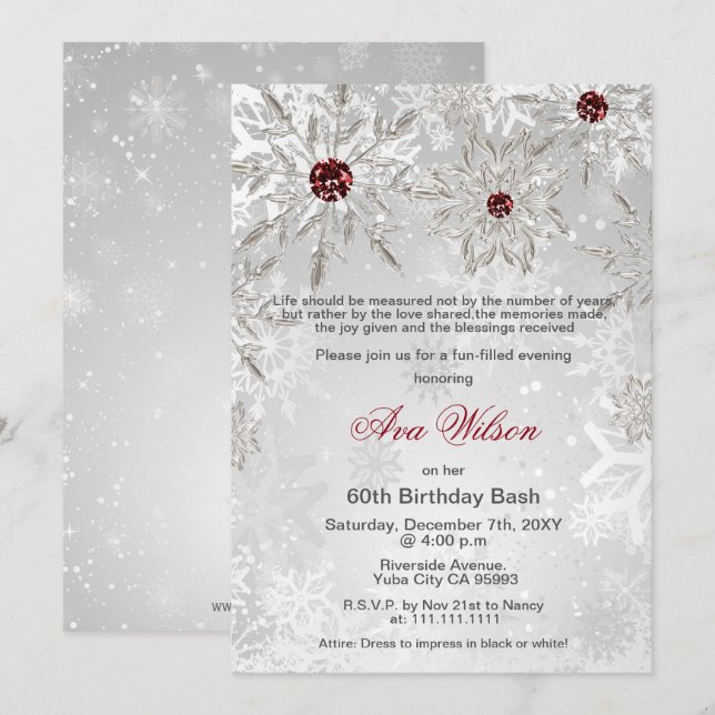 Silver Red Snowflakes Winter 60th Birthday Party Invitation (Front/Back)