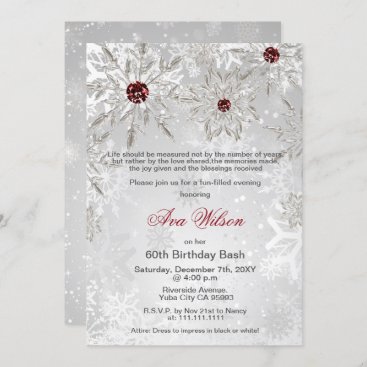 Silver Red Snowflakes Winter 60th Birthday Party Invitation
