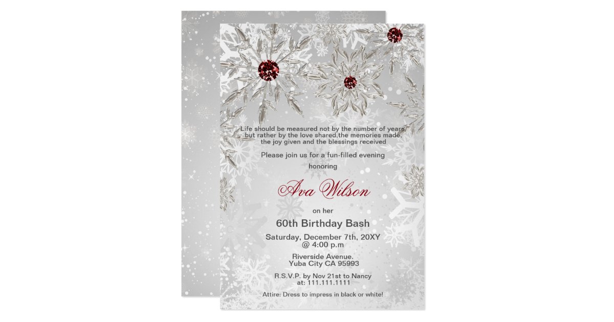 Silver Red Snowflakes Winter Birthday Party Invitation