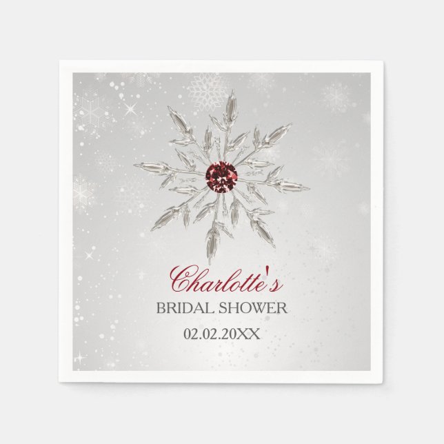 Silver Red Snowflakes Winter Bridal Shower Napkins (Front)