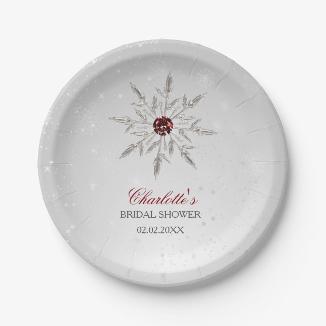 Silver Red Snowflakes Winter Bridal Shower Paper Plates (Front)