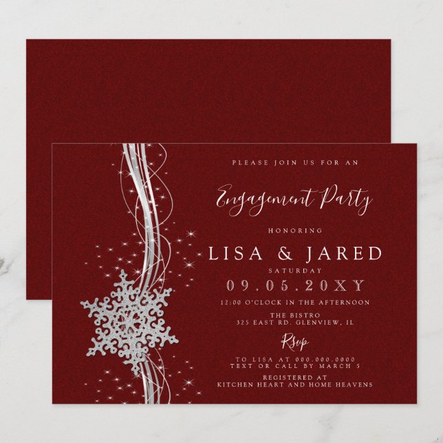 Silver Red Snowflakes Winter Engagement Party   Invitation (Front/Back)