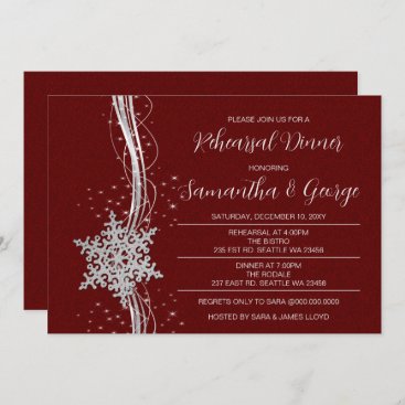 Silver Red Snowflakes Winter Rehearsal Dinner Invitation