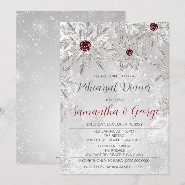 Silver Red Snowflakes Winter Rehearsal Dinner  Invitation (Front/Back)