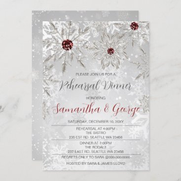 Silver Red Snowflakes Winter Rehearsal Dinner  Invitation