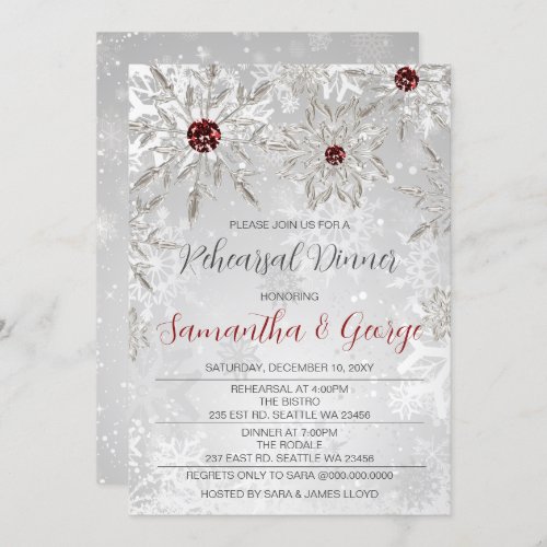 Silver Red Snowflakes Winter Rehearsal Dinner  Invitation