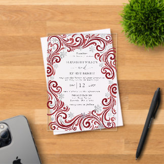 Silver Red Snowflakes Winter Wedding Acrylic Invitations