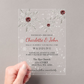 Silver Red snowflakes Winter Wedding Acrylic Invitations