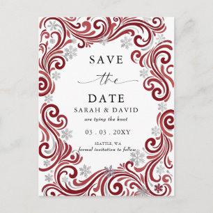 Silver Red Snowflakes Winter Wedding Announcement Postcard