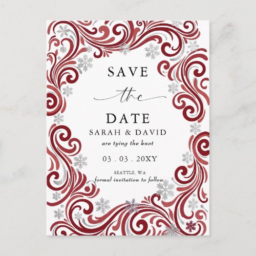 Silver Red Snowflakes Winter Wedding Announcement Postcard