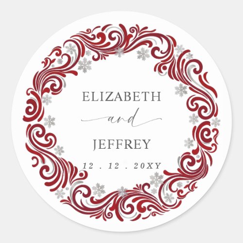 Silver Red Snowflakes Winter Wedding Classic Round Sticker