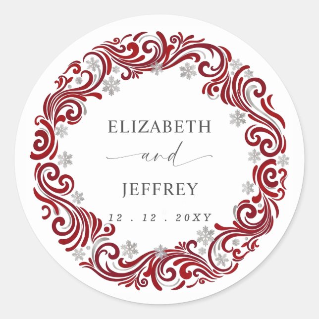 Silver Red Snowflakes Winter Wedding Classic Round Sticker (Front)