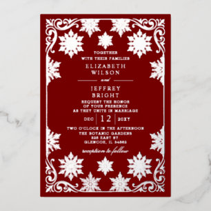 Silver Red Snowflakes Winter Wedding Foil Invitation