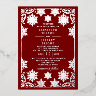 Silver Red Snowflakes Winter Wedding Foil Invitation