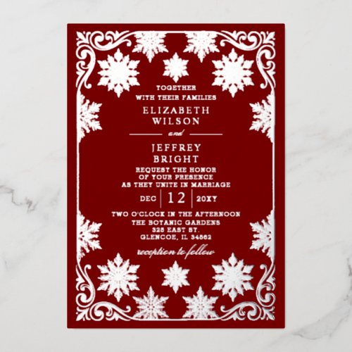 Silver Red Snowflakes Winter Wedding Foil Invitation
