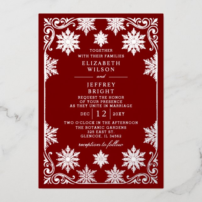 Silver Red Snowflakes Winter Wedding Foil Invitation (Front)