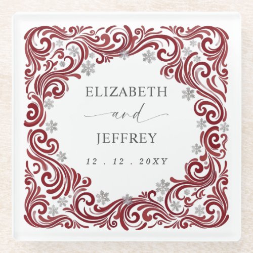 Silver Red Snowflakes Winter Wedding Glass Coaster