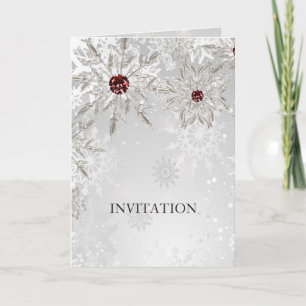 silver red snowflakes winter wedding invitation