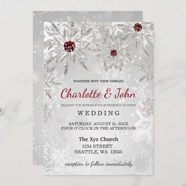 silver red snowflakes winter wedding invitation (Front/Back)