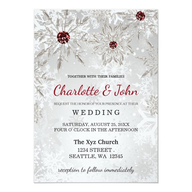 Silver Red Snowflakes Winter Wedding Invitation