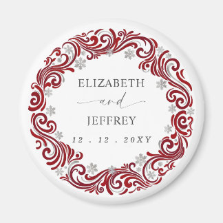 Silver Red Snowflakes Winter Wedding Magnet
