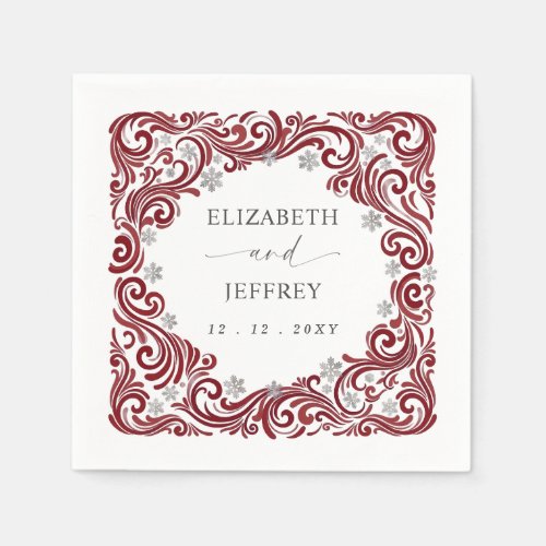 Silver Red Snowflakes Winter Wedding Napkins