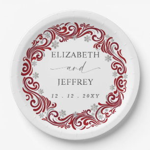 Silver Red Snowflakes Winter Wedding Paper Plates