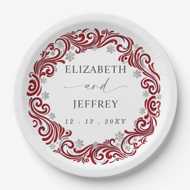 Silver Red Snowflakes Winter Wedding Paper Plates (Front)