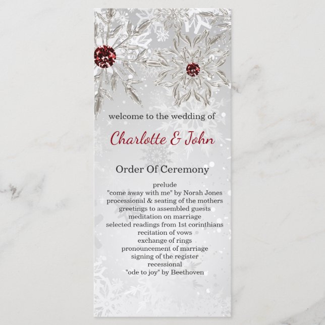 silver red snowflakes winter wedding programs (Front)
