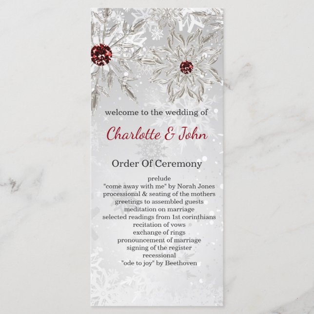 silver red snowflakes winter wedding programs (Front)