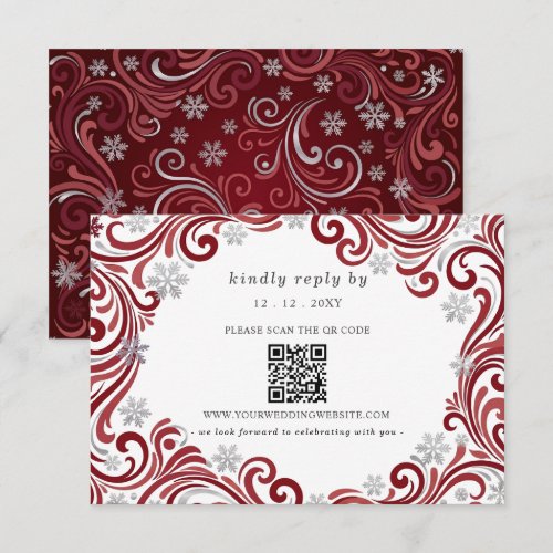 Silver Red Snowflakes Winter Wedding QR Code RSVP Card