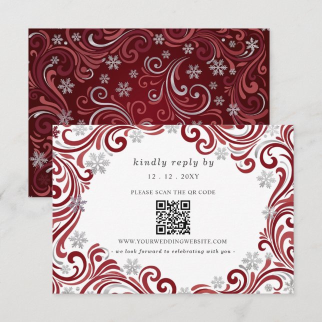 Silver Red Snowflakes Winter Wedding QR Code RSVP Card (Front/Back)