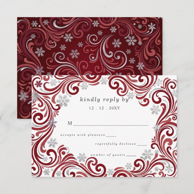 Silver Red Snowflakes Winter Wedding RSVP Card (Front/Back)
