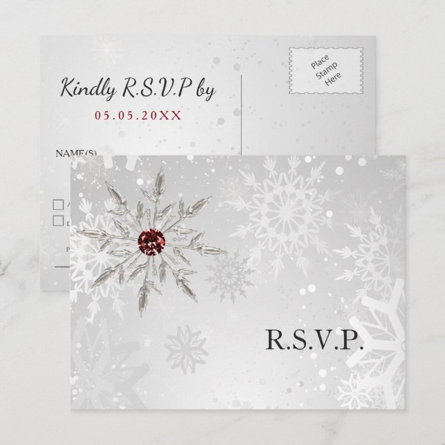 silver red snowflakes winter wedding rsvp invitati invitation postcard (Front/Back)