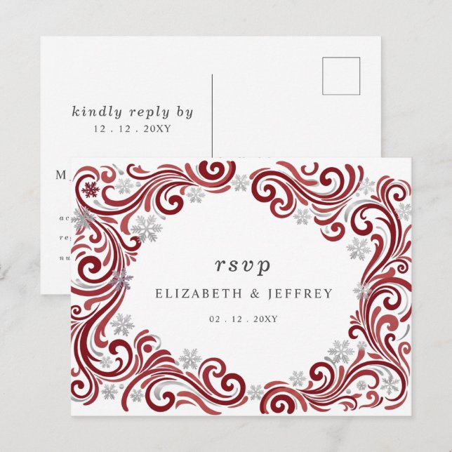Silver Red Snowflakes Winter Wedding RSVP Postcard (Front/Back)