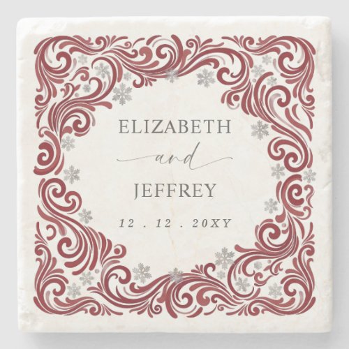 Silver Red Snowflakes Winter Wedding Stone Coaster