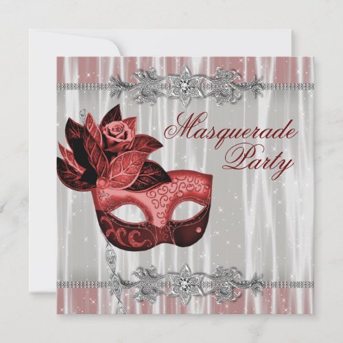 Silver Red Sparkles Red Masquerade Party Invitation