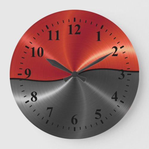 Silver Red Stainless Steel Metal Look Large Clock