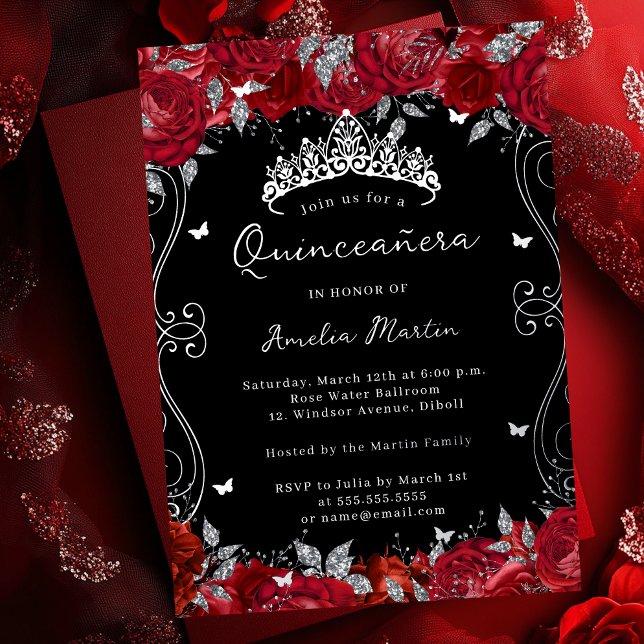 Silver Red Swirl Scroll Floral Quinceanera  Foil Invitation (Creator Uploaded)