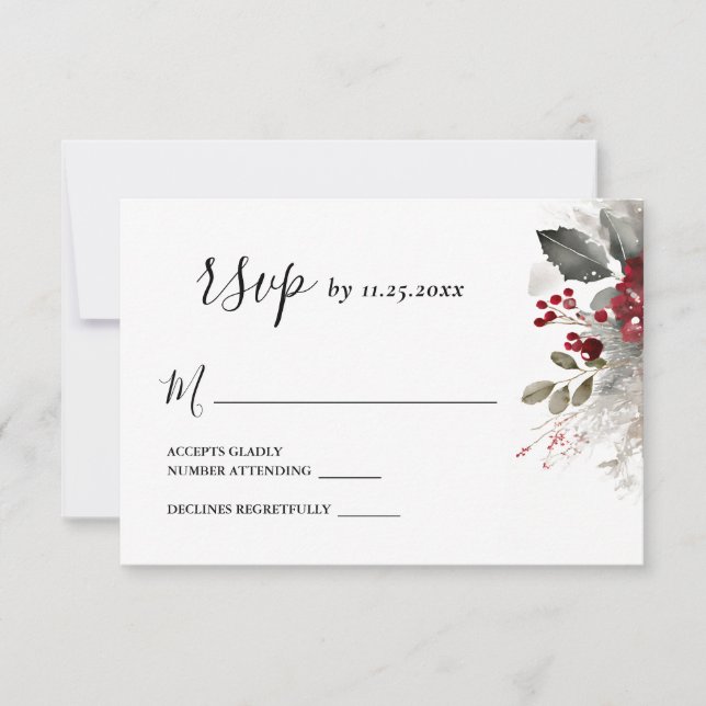 Silver Red Winter Christmas Floral Wedding  RSVP Card (Front)