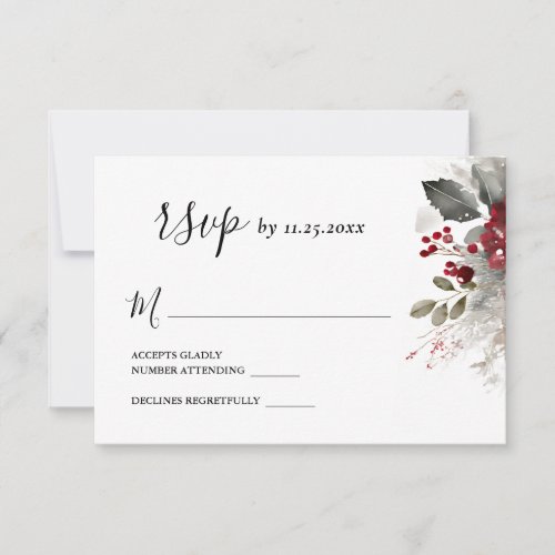 Silver Red Winter Christmas Floral Wedding  RSVP Card