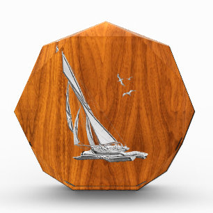 Silver Regatta Sailboat on Teak Veneer Award