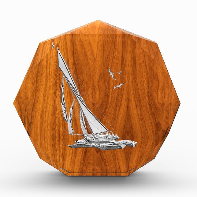 Silver Regatta Sailboat on Teak Veneer Award (Front)