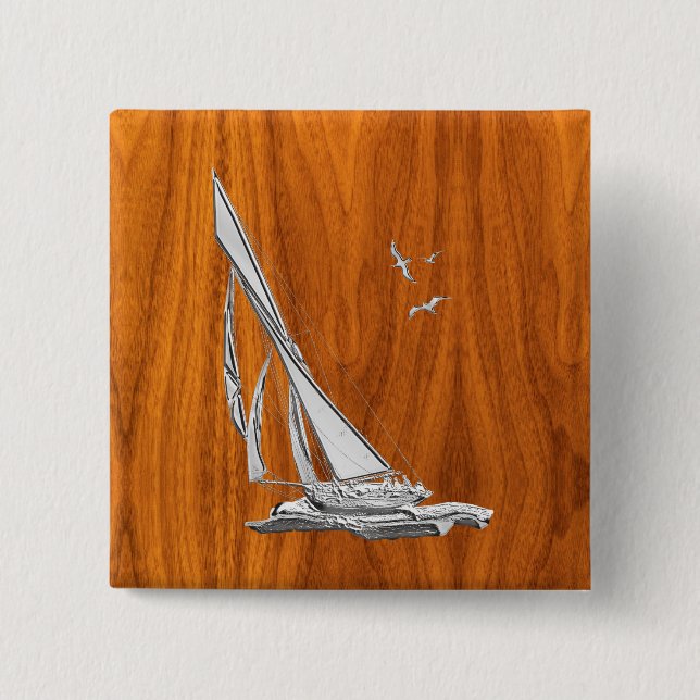 Silver Regatta Sailboat on Teak Veneer Button (Front)
