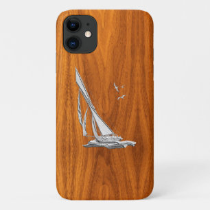Silver Regatta Sailboat on Teak Veneer iPhone 11 Case
