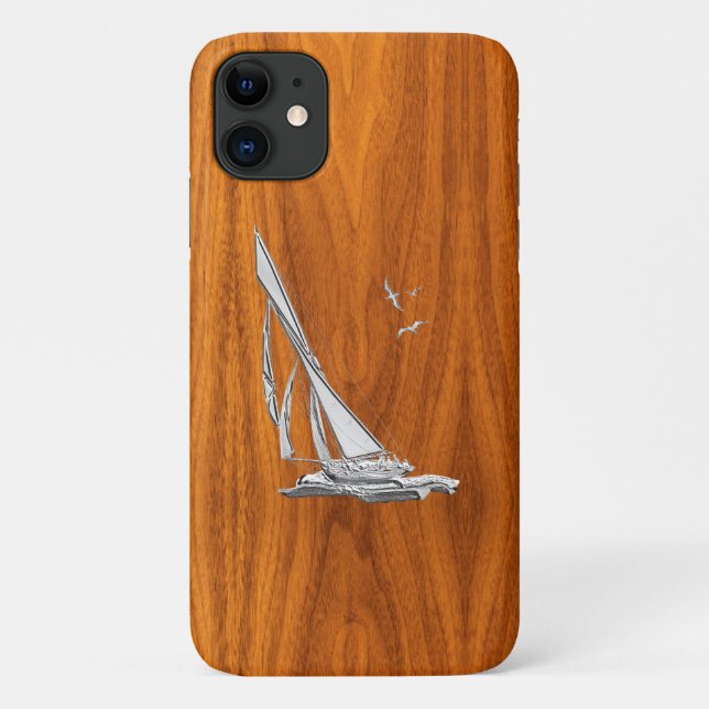 Silver Regatta Sailboat on Teak Veneer Case-Mate iPhone Case (Back)