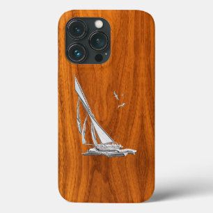 Silver Regatta Sailboat on Teak Veneer iPhone 13 Pro Case