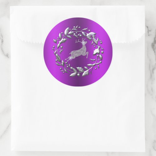 Silver Reindeer and Wreath Purple Christmas Classic Round Sticker