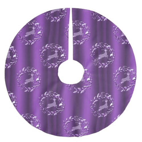 Silver Reindeer and Wreaths Purple Christmas Brushed Polyester Tree Skirt