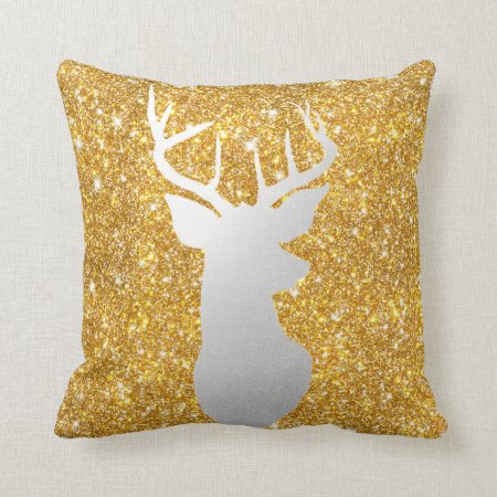 Silver Reindeer Antler Modern Gold Faux Glitter Throw Pillow